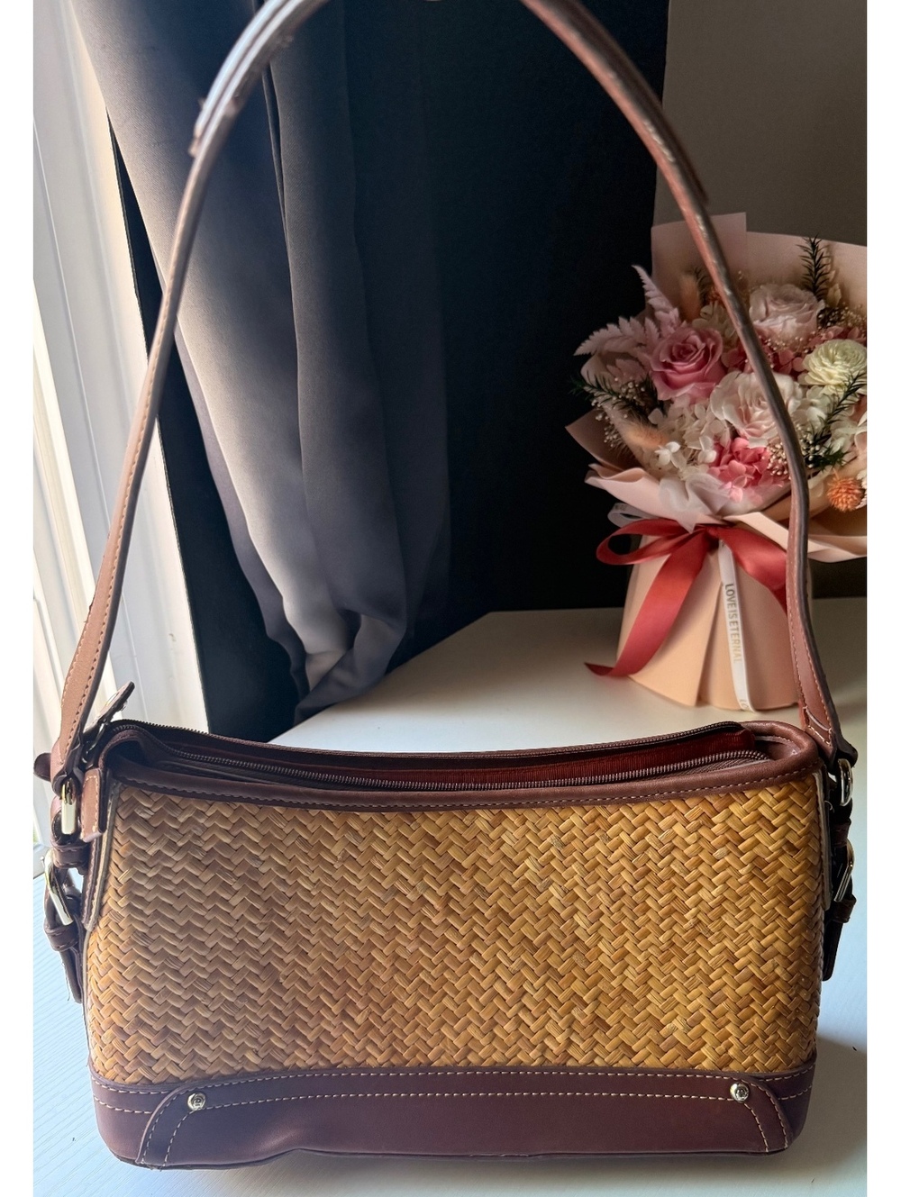 Etienne Aigner Rattan Woven Shoulder Bag Brown Trim Style 31460 Handbag